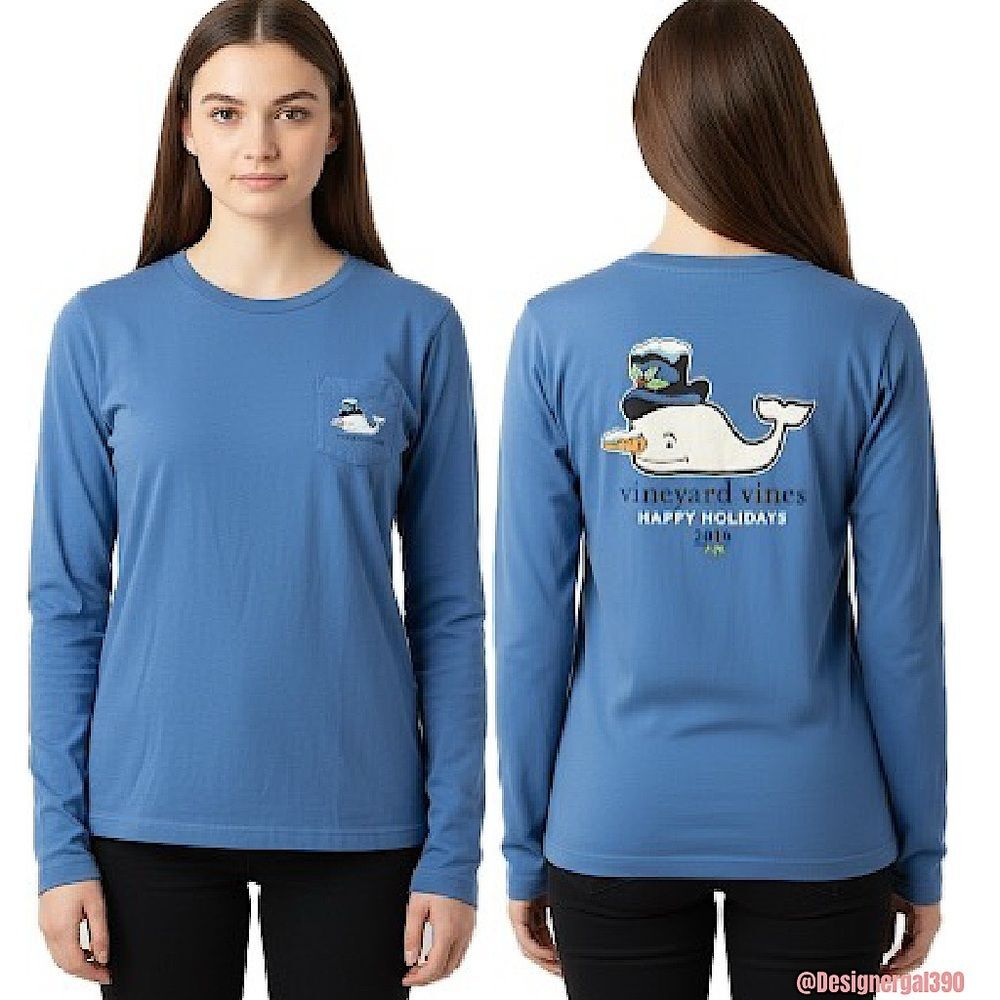 Vineyard Vines Blue Cotton Holiday Snowman Whale Long-Sleeve Shirt Size Small